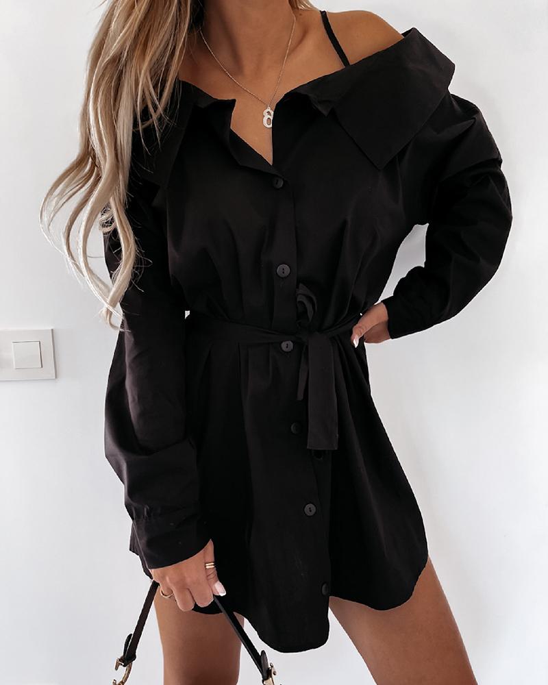 

Solid Button Up Belted Cami Shirt Dress, Black