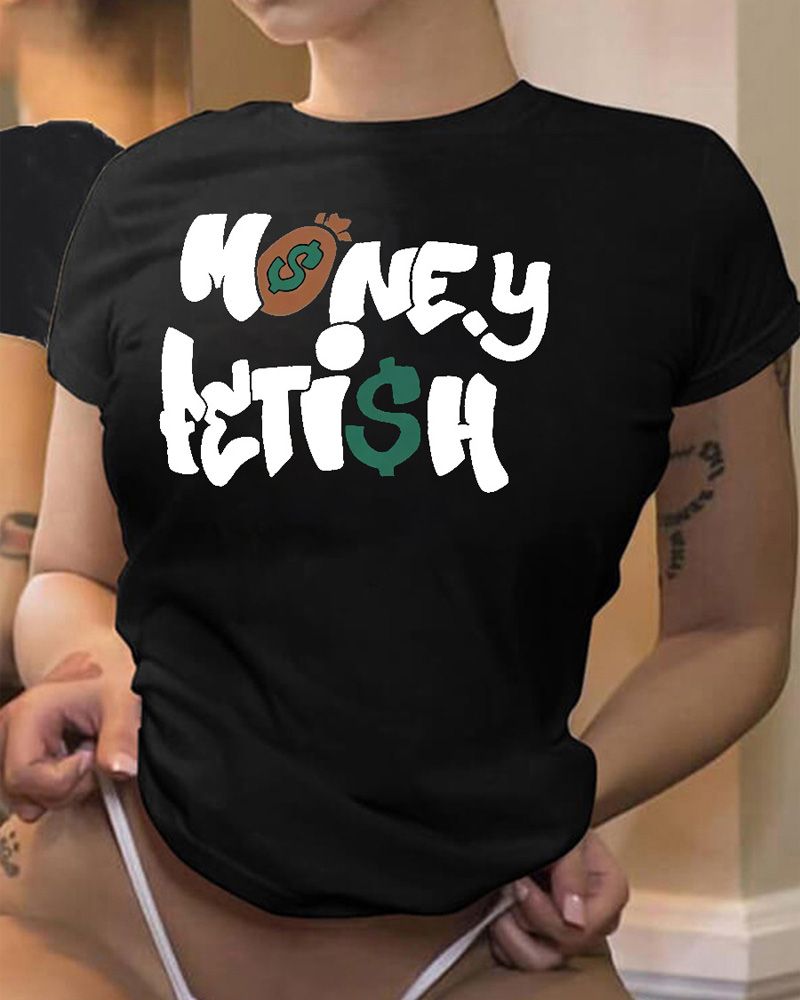 

Letter Print Short Sleeve Casual T-shirt, Black