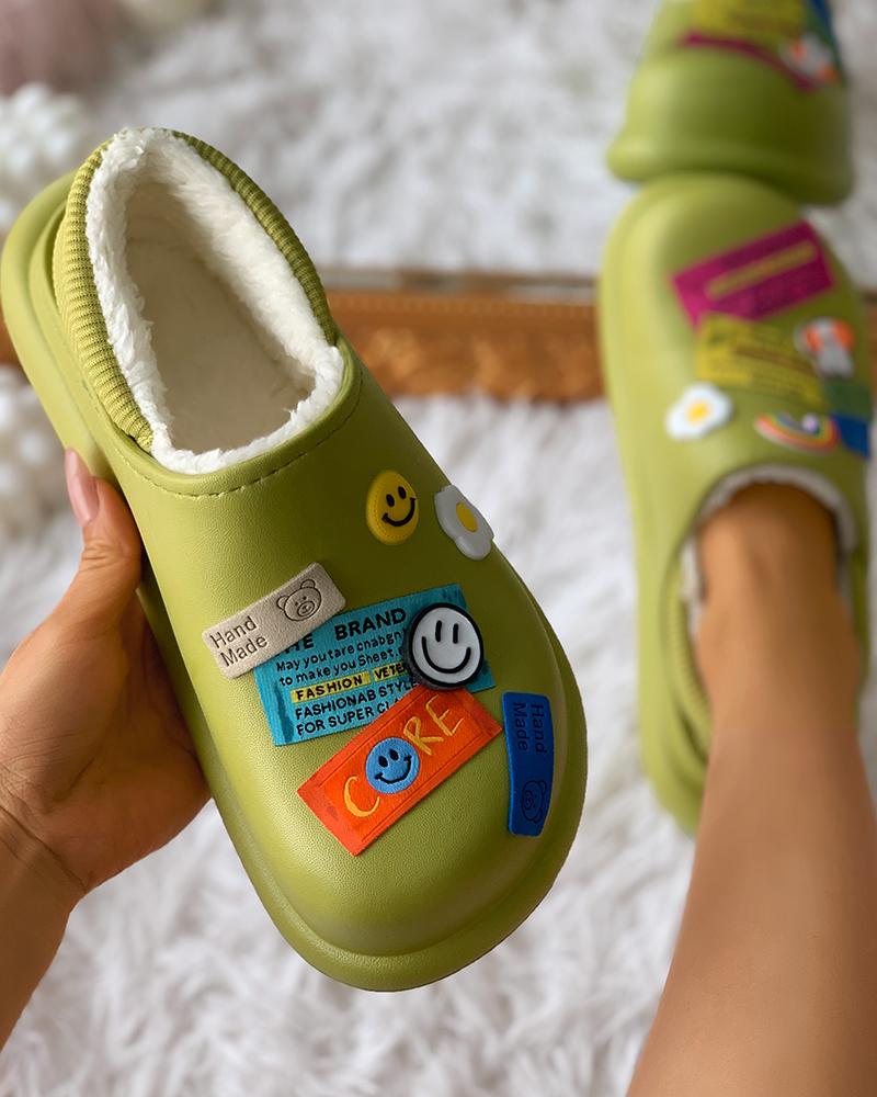 

Smile Face Slogan Pattern Lined Casual Slipper, Green