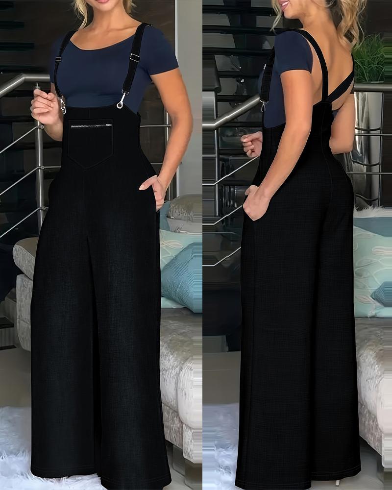 

Pocket Design Wide Leg Suspender Jumpsuit, Black