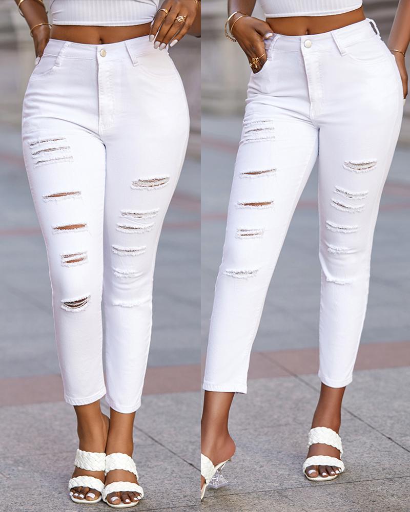 

Zipper Fly Ladder Cutout Ripped Skinny Jeans, White