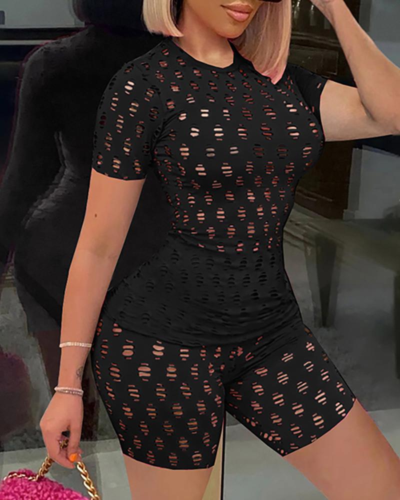

Hollow Out Short Sleeve Top & Shorts Set, Black