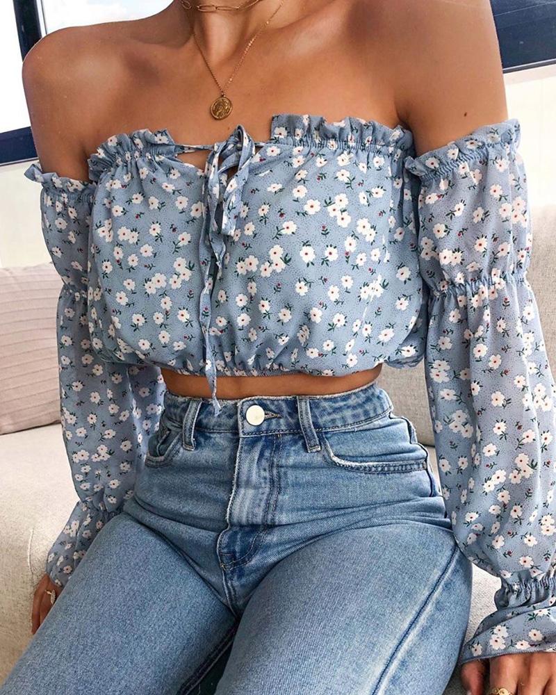 

Floral Print Off Shoulder Frill Hem Blouse, Blue