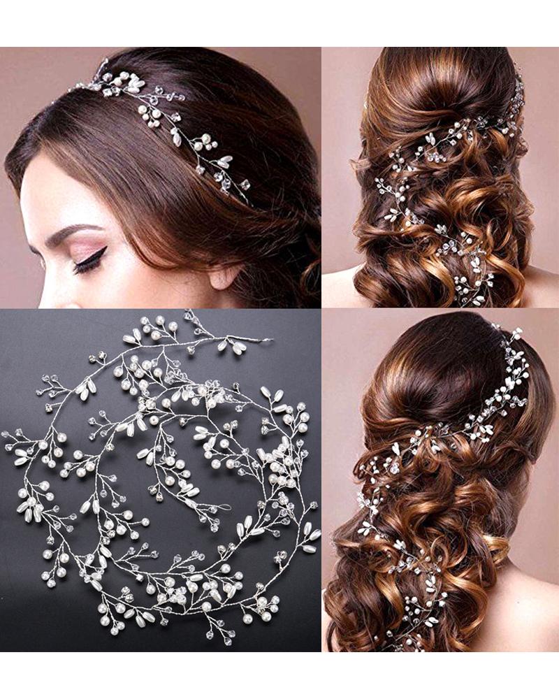 

Bride Wedding Pearls Crystal Hair Vine Rhinestone Hair Piece Long Headband Bridal Hair Accessories, Silver