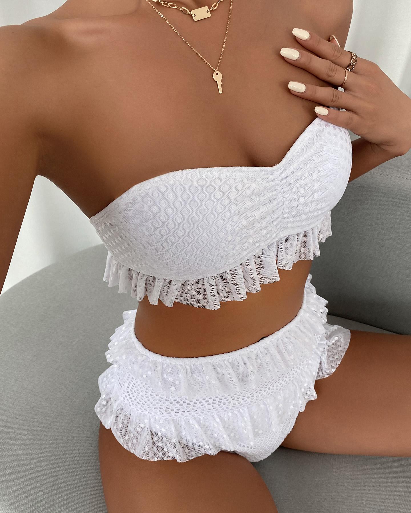 

Dot Mesh Ruffles Ruched Bikini Set, White