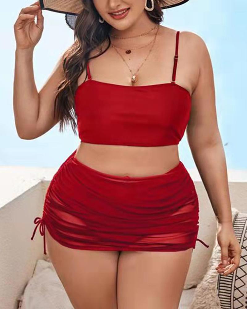 

3PCS Plus Size Bikini Set With Sheer Mesh Ruched Cover Up Skirt, Red