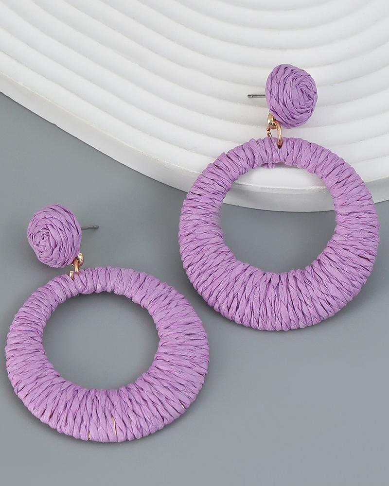 

1Pair Bohemian Braided Straw Hoop Earrings, Purple