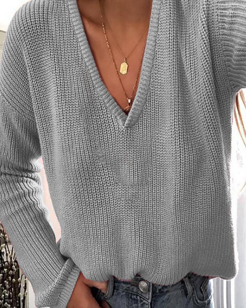 

Solid Plunge Long Sleeve Knit Sweater, Gray