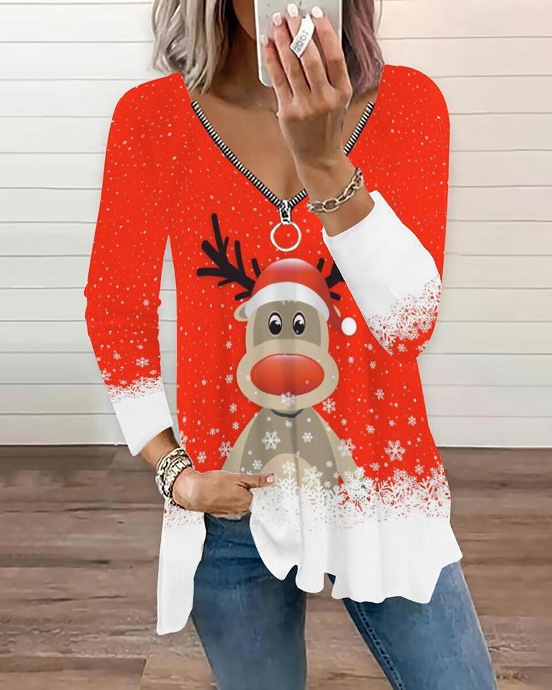

Christmas Elk Graphic Print Zipper Design Top, Red