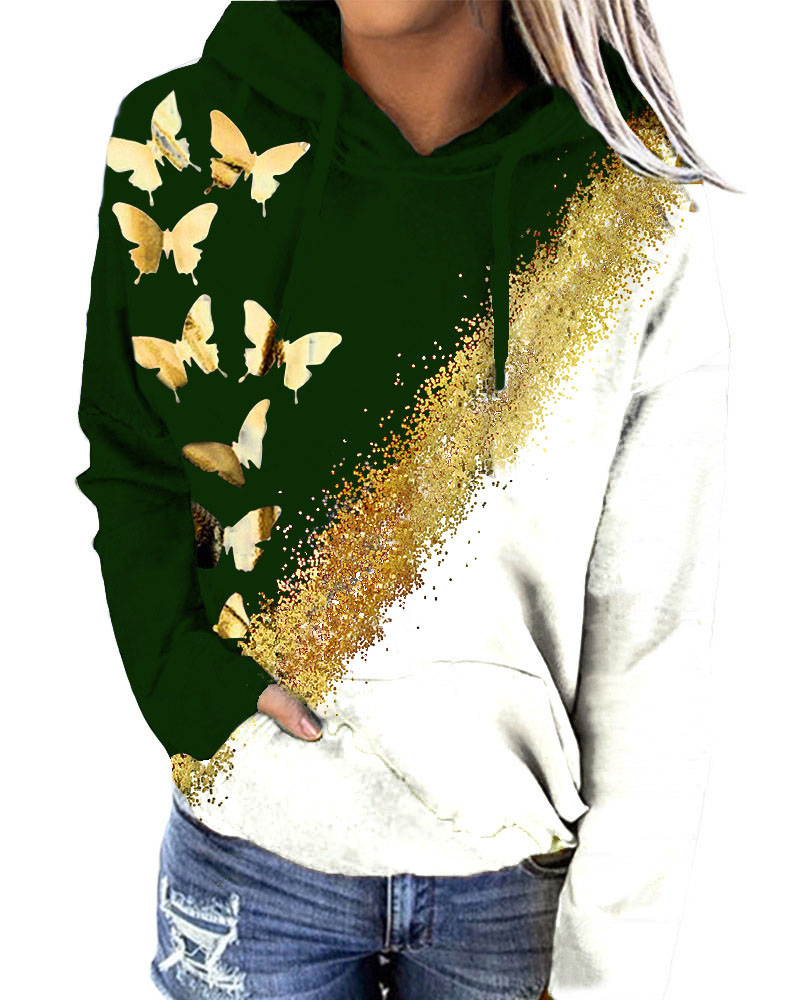 

Butterfly Print Long Sleeve Drawstring Hoodie, Green