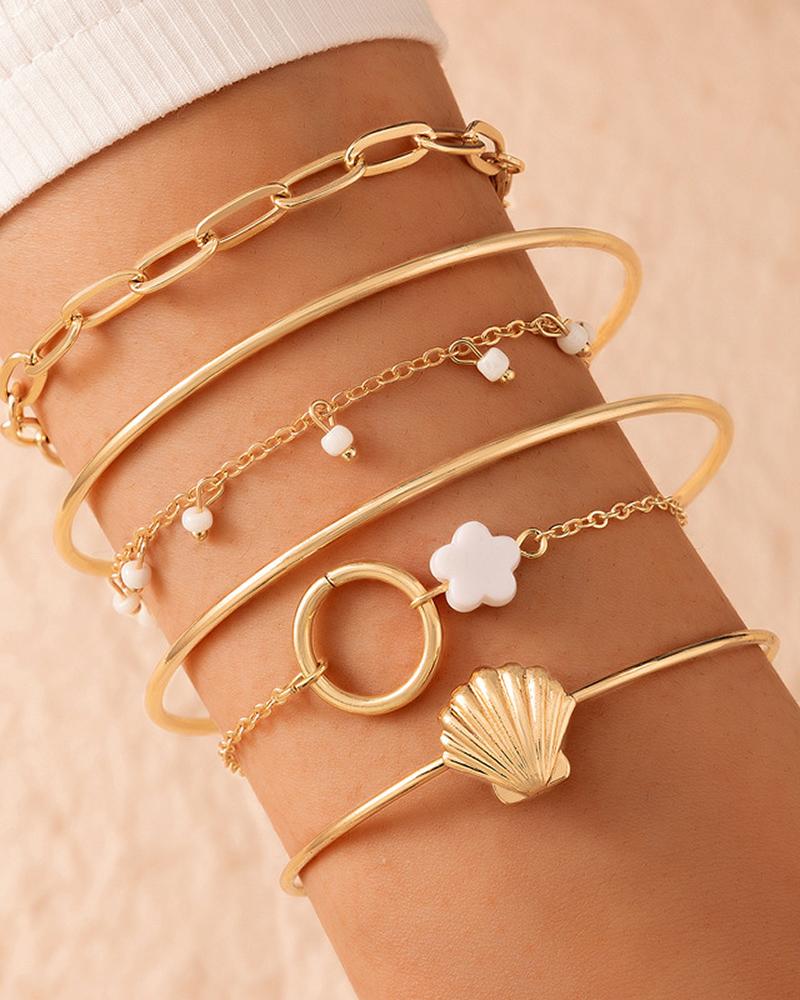 

6pcs Seashell Floral Geometric Pattern Chain Bracelet, Gold