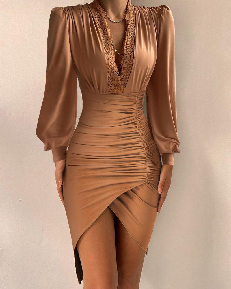 

Contrast Lace Puff Lantern Sleeve Asymmetrical Ruched Party Dress, Brown