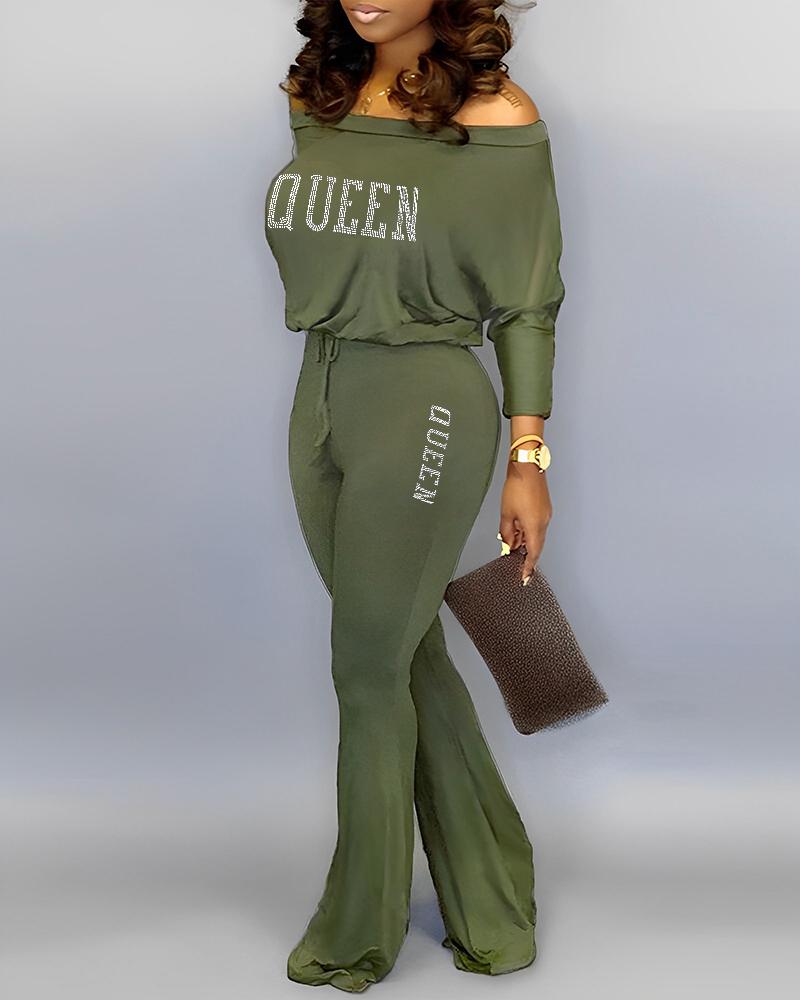 

Rhinestone Letter Pattern Off Shoulder Jumpsuit, Army green
