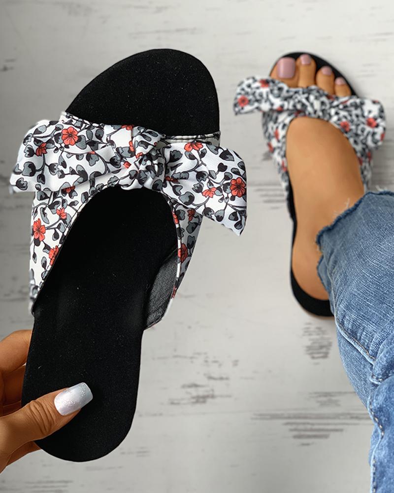 

Ditsy Floral Print Striped Colorblock Bowknot Sliders, Black