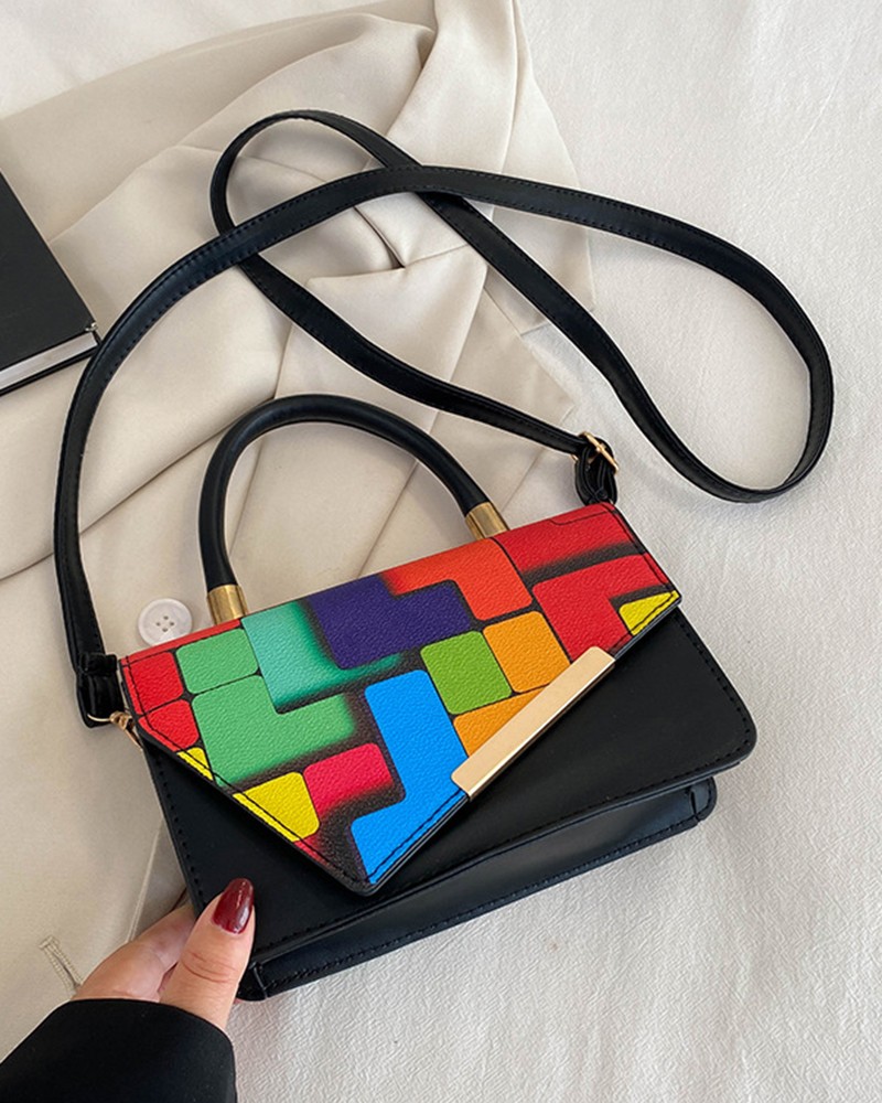 Colorblock Top Handle Flap Satchel Bag