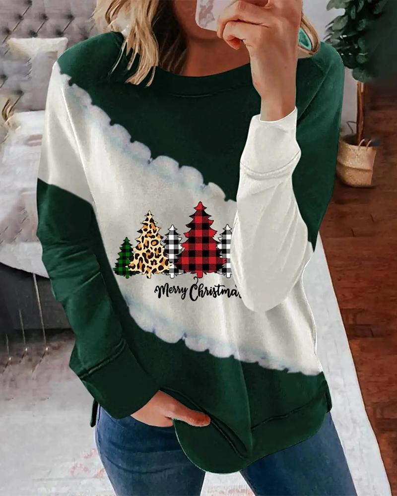 

Christmas Tree Letter Print Colorblock Sweatshirt, Green