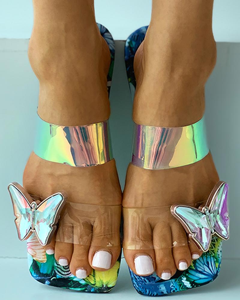 

Square Toe Floral Print Butterfly Pattern Flat Sliippers, Blue