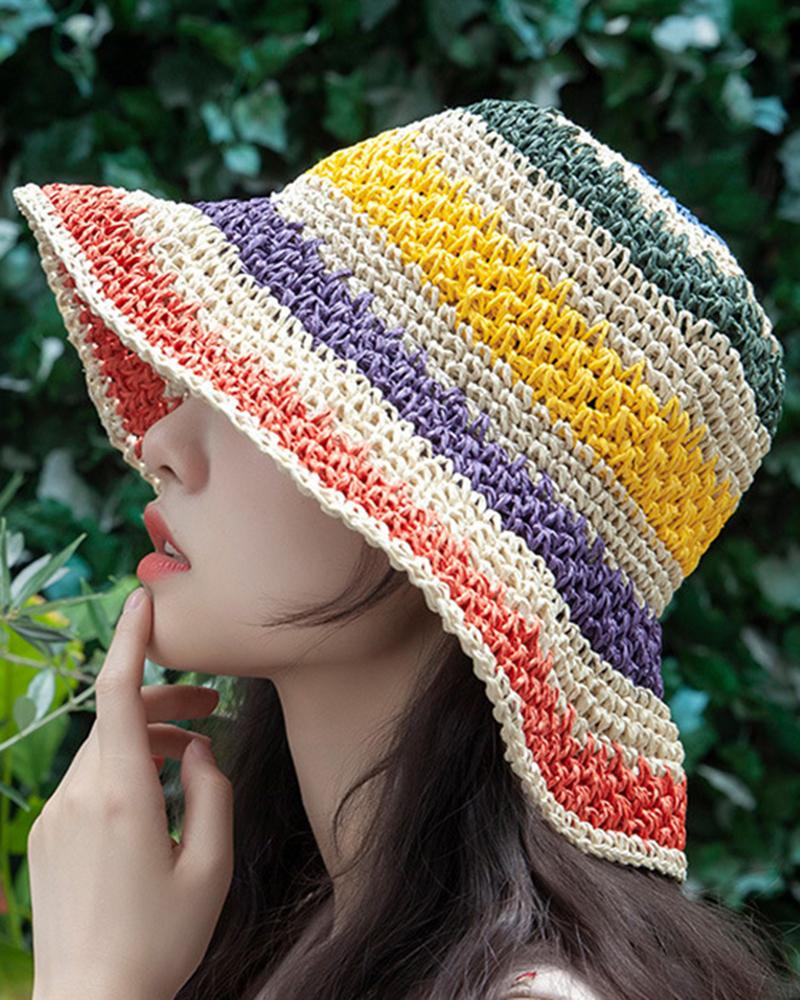 

Striped Colorblock Wide Brim Straw Hat, Beige