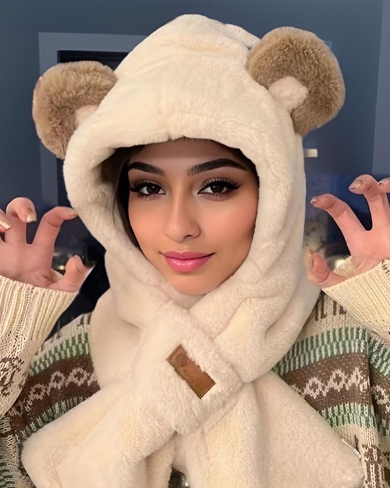 

Fuzzy Winter Thermal Earmuffs One-Piece Scarf Hat With Bear Ears, Beige