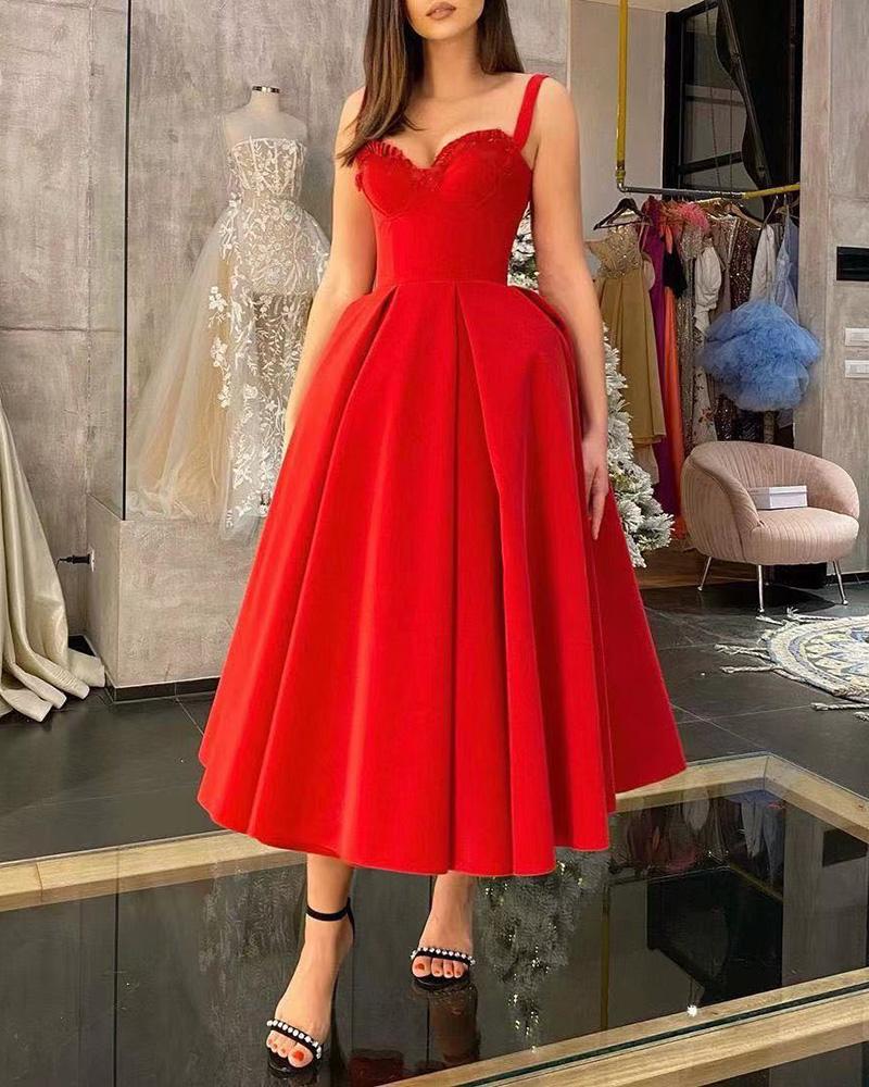 

V Neck Corset Flared Evening Dress, Red