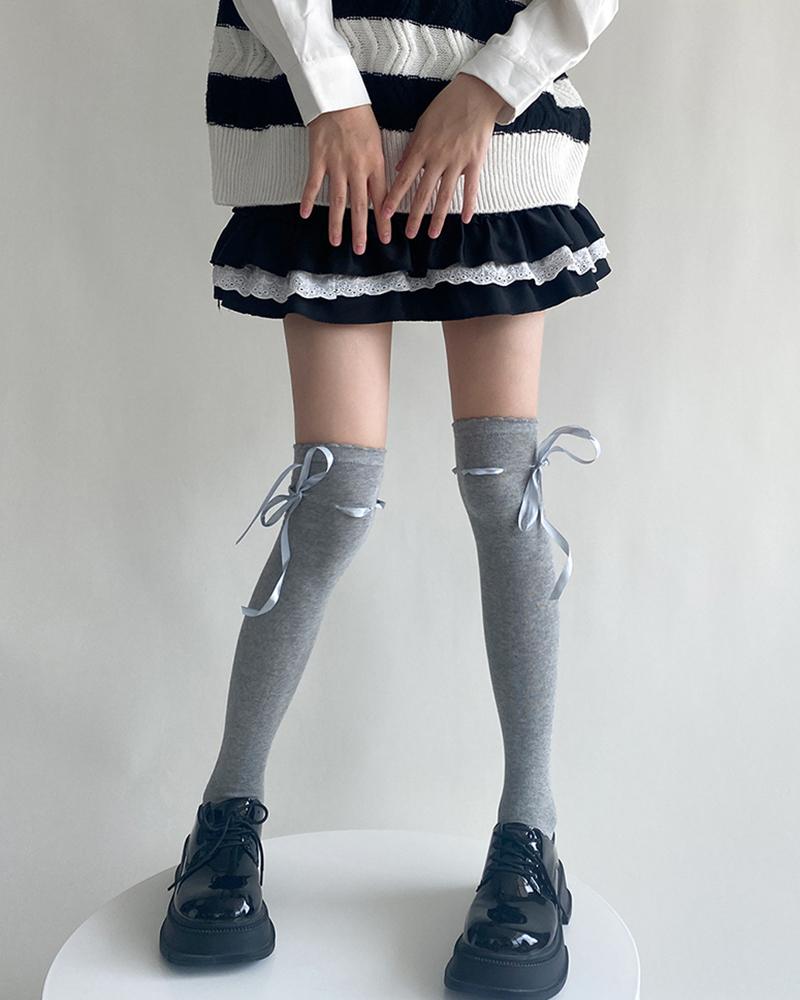 

1Pair Tied Detail Frill Hem Over-The-Knee Socks, Style3