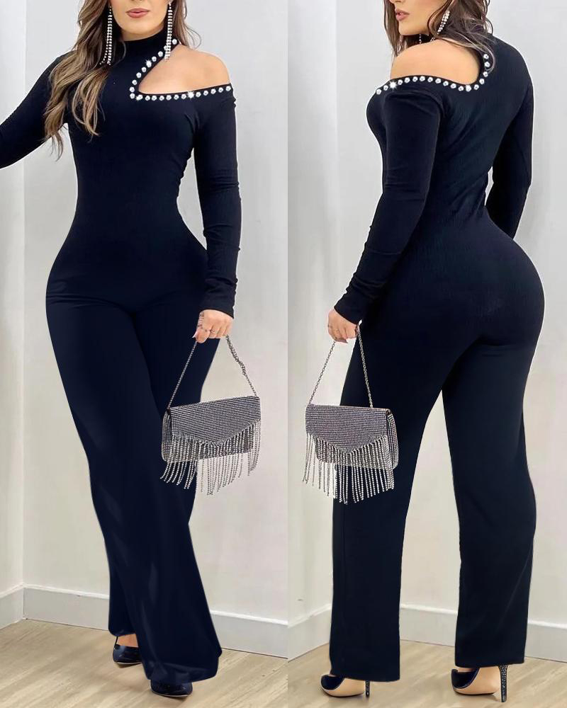 

Rhinestone Cold Shoulder High Neck Jumpsuit Long Sleeve Slim Fit Flared Jumpsuit, Black