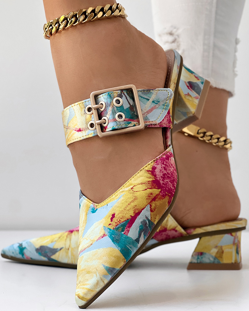 

Plants Print Buckled Point Toe Chunky Sandals, Yellow