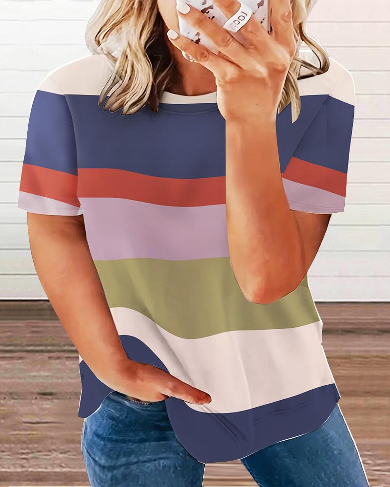 

Plus Size Striped Colorblock Round Neck T-Shirt, Multicolor