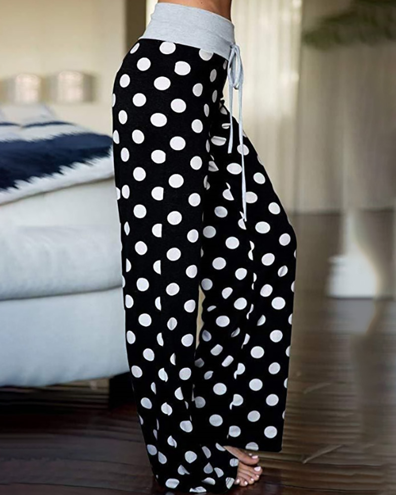 

Polka Dot Print Wide Leg Drawstring Pants, Black