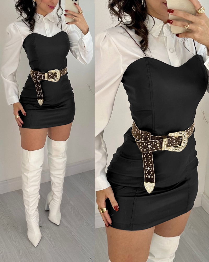 

Conjunto de 2 piezas: blusa de manga larga con cuello vuelto y falda informal de cuero sintético con tirantes finos., Black