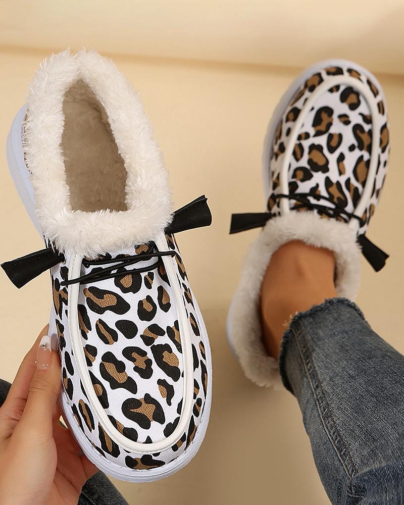 

Contrast Leopard Print Fuzzy Trim Lined Snow Boots, White&leopard