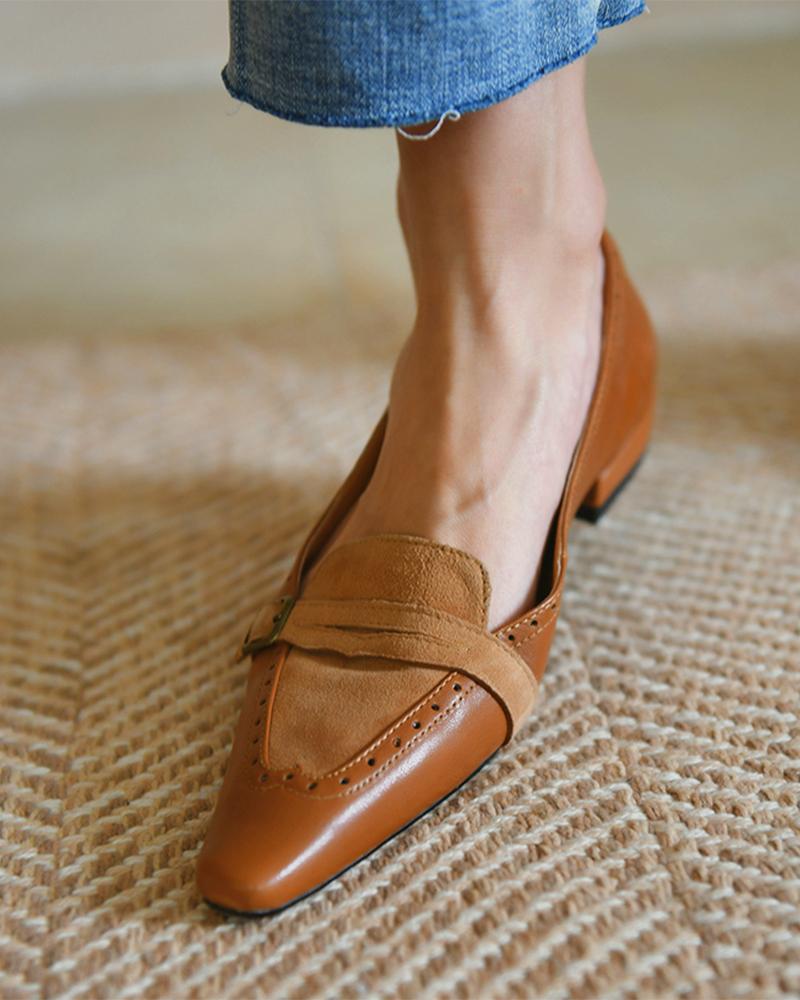 

Suede Patch Buckled Square Toe Slip On Loafer, Brown