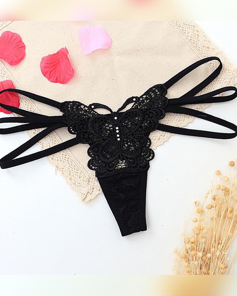 

Solid Lace Patch Skinny Cut-out T-string Panties, Black