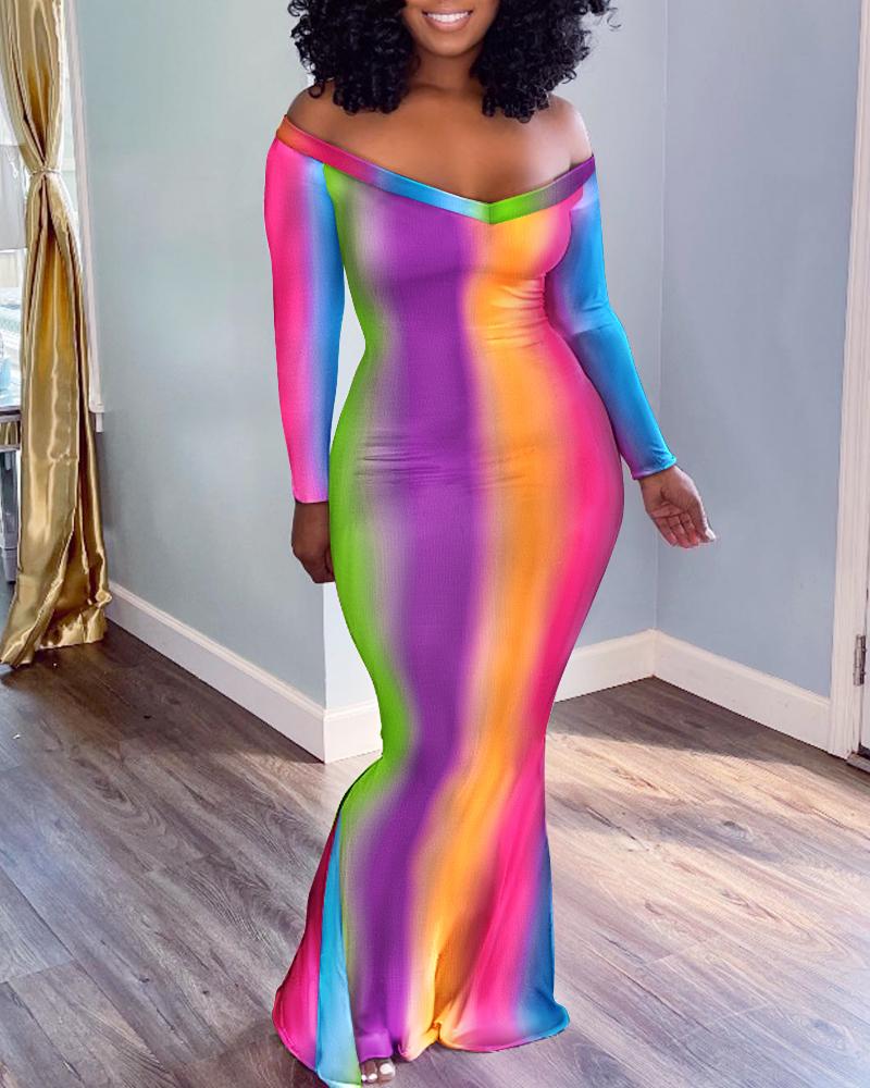 

Rainbow Ombre Off Shoulder Mermaid Dress, Multicolor