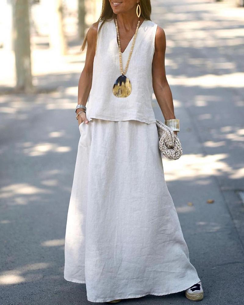 

Tank Top & Pocket Design Maxi Skirt Set, Beige