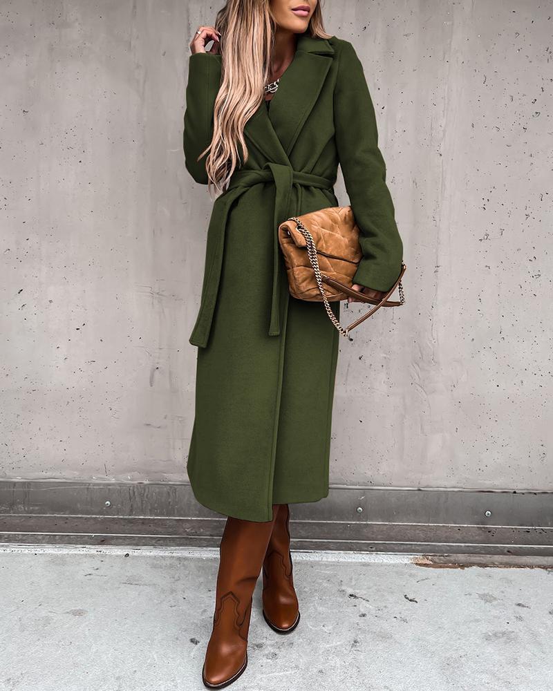 

Notched Collar Slit Overcoat With Belt, Army green