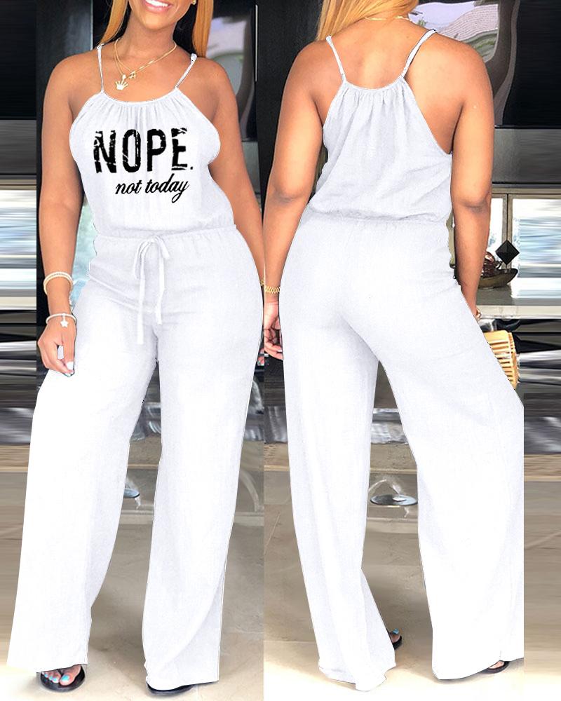

Nope Not Today Print Spaghetti Strap Drawstring Jumpsuit, White