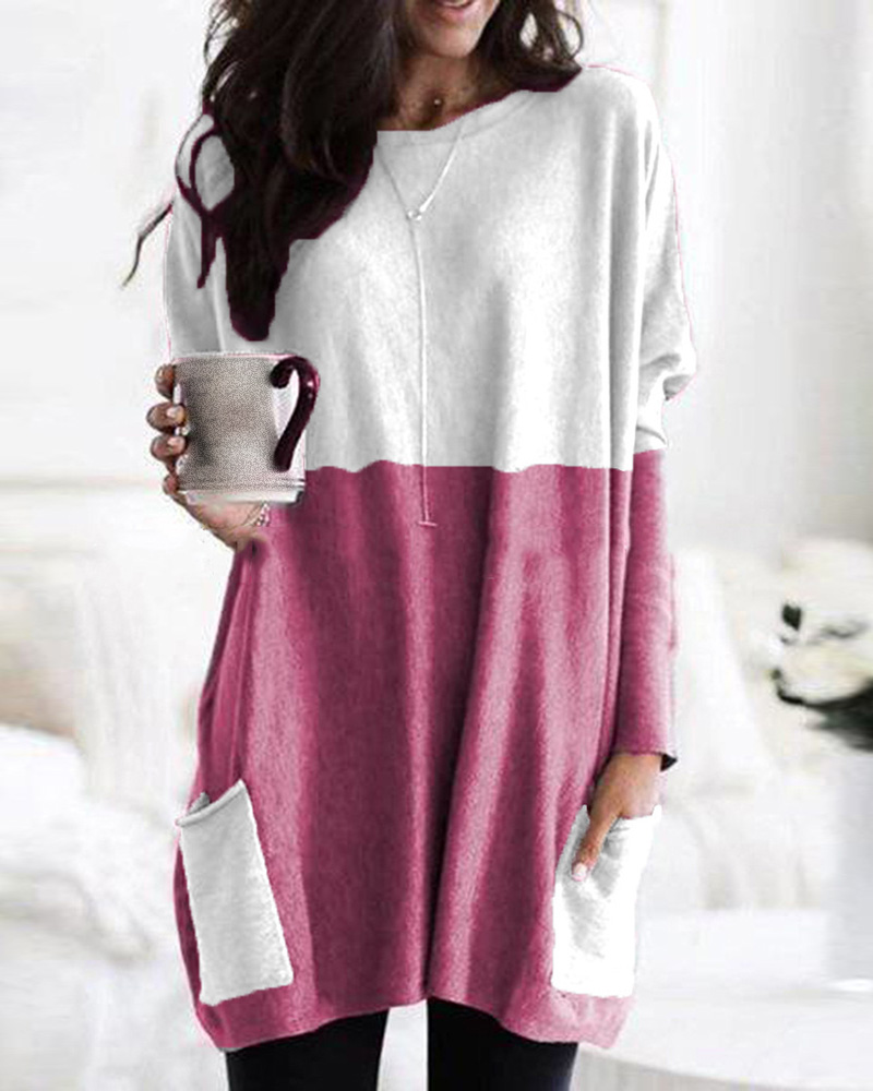 

Pocket Design O Neck Colorblock Casual Top, Red