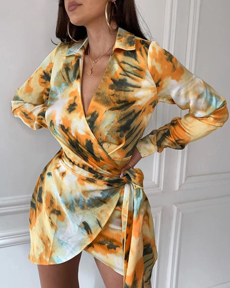 

Tie Dye Print Tied Detail Long Sleeve Shirt Dress, Multicolor