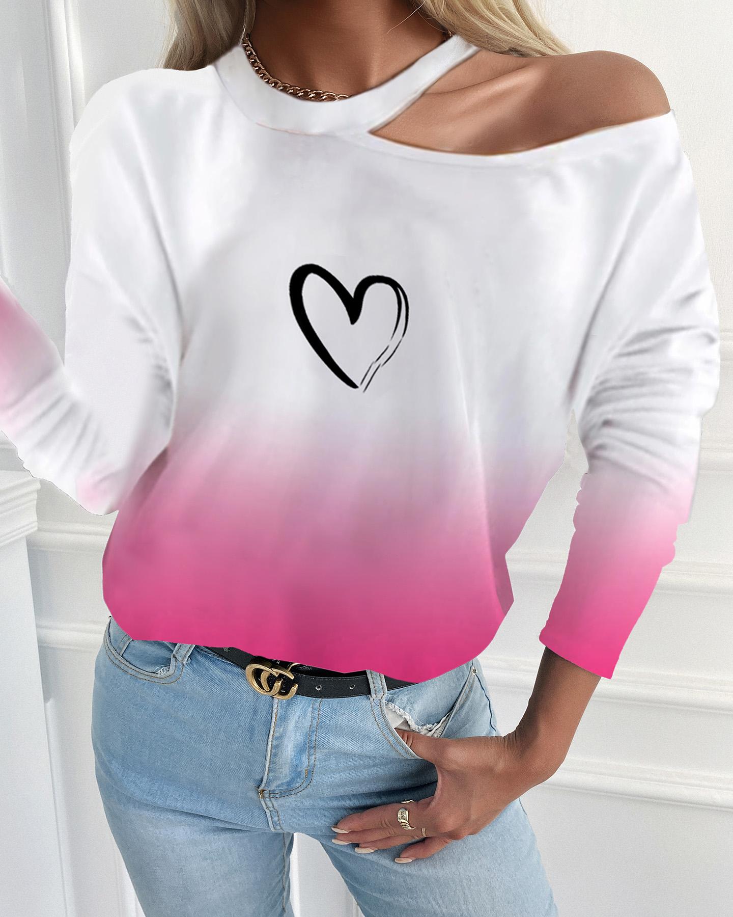 

Colorblock Heart Print Cold Shoulder Top, Hot pink