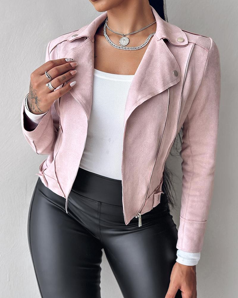 

Lapel Collar Zip Up Long Sleeve Motor Biker Short Coat Pocket Design Jacket, Pink