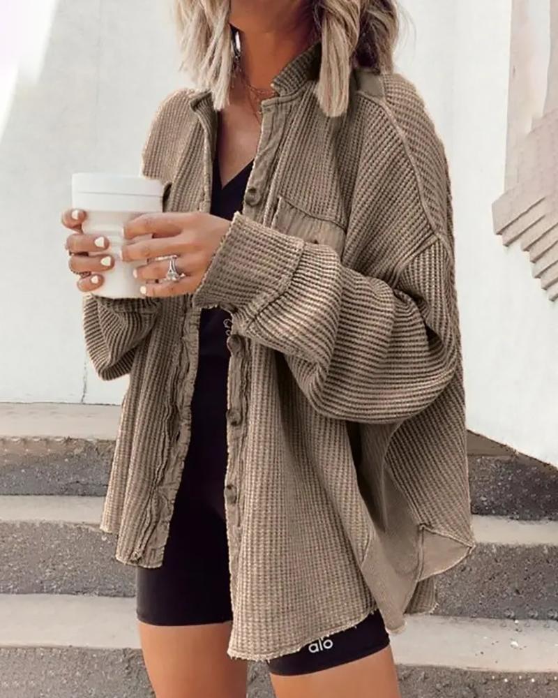 

Waffle Knit Button Front Long Sleeve Cardigan, Gray