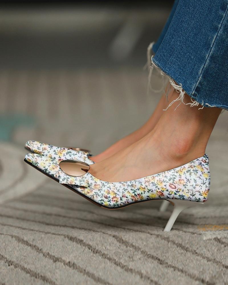

Floral One Buckle Square-toe High Heel Sandals, White