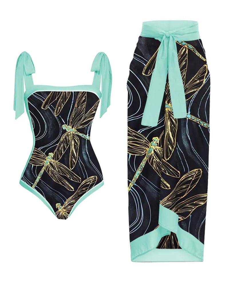 

Dragonfly Print Tied Detail One Piece Swimsuit With Cover Up Skirt, Green