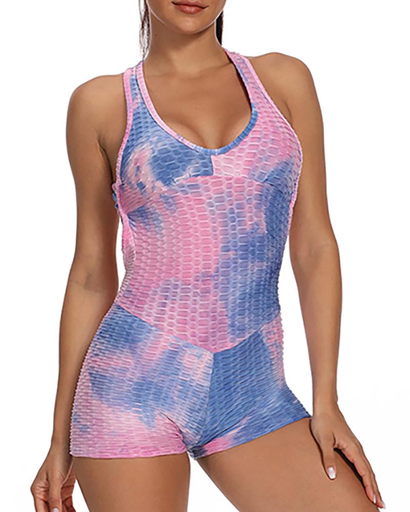 

Tie Dye Print Backless One Piece Workout Catsuit Textured Yoga Gym Bodycon Romper, Purple