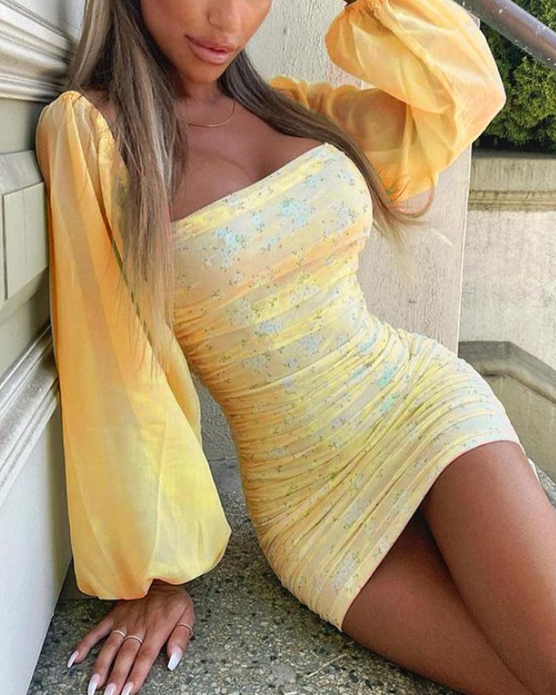 

Ditsy Floral print Lantern Sleeveless Square Neck Bodycon Dress, Yellow