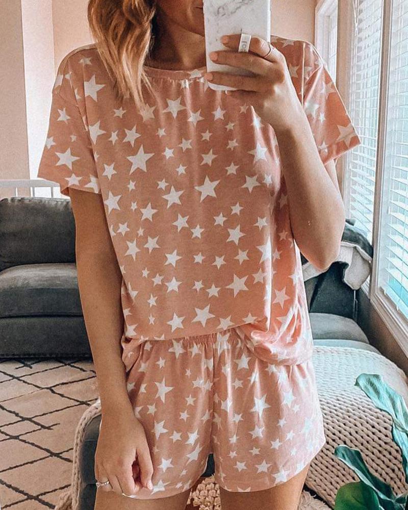 

Print Short Sleeve Pajamas Set, Pink