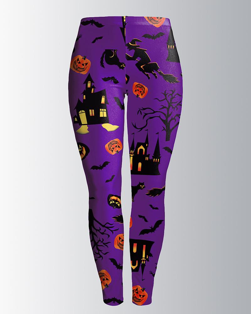 

Halloween High Waist Graphic Print Leggings, Purple