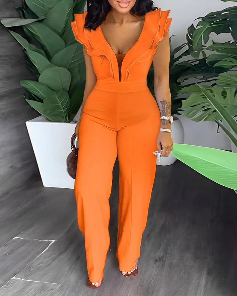 

Ruffle Hem Sheer Mesh Patch Jumpsuit, Orange