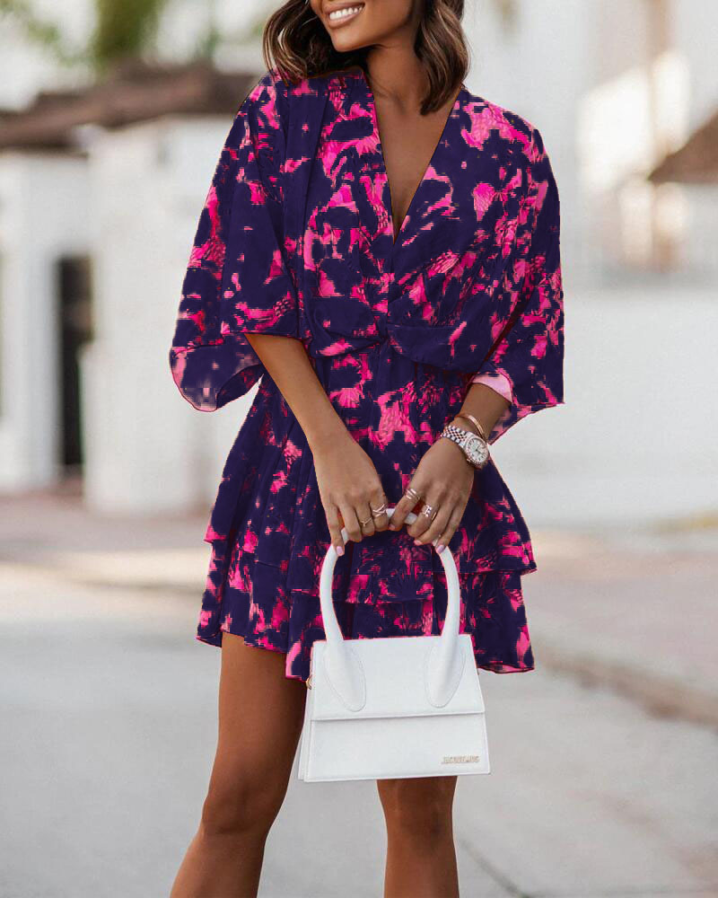 

Plants Print Twist Design Casual Dress, Purplish blue